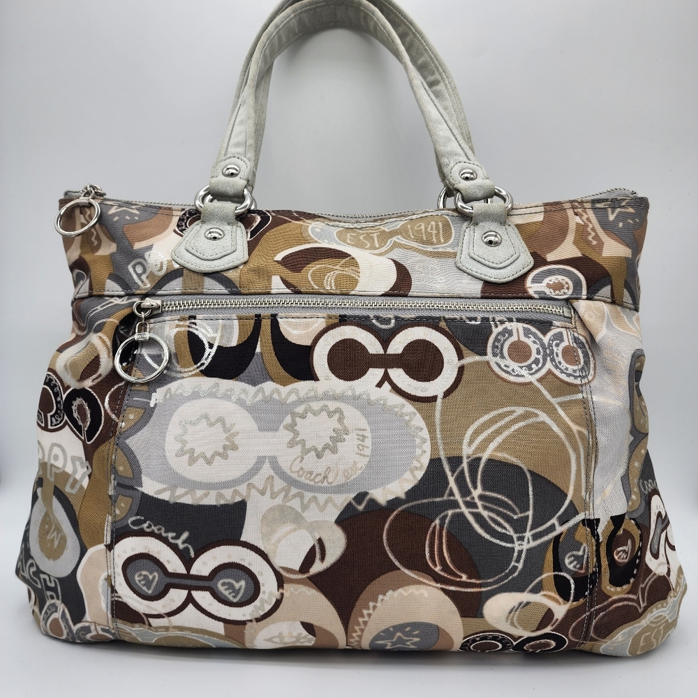 Coach Poppy Graffiti Glam Tote Canvas Silver Cream Tan Brown FLAWS - Picture 15 of 15